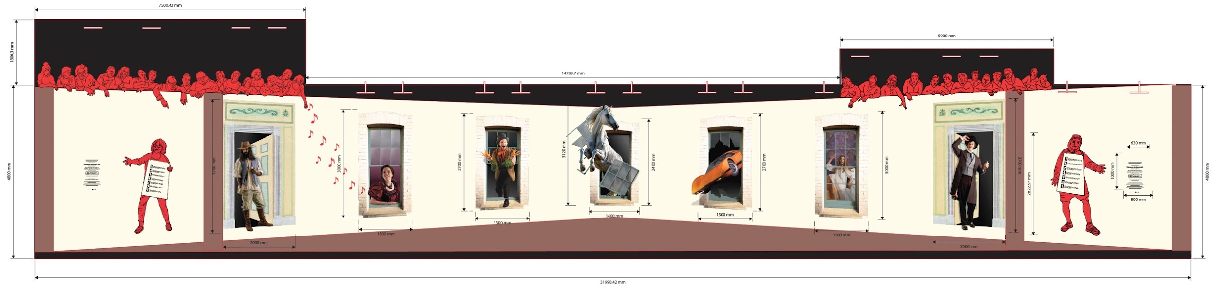 The scaled elevation drawing for the wall, dimensioned in millimetres to an overall length of about thirty-two metres, setting out each printed panel along its length with a row of red figures running above them.