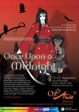 The OzAsia Festival poster: an illustrated girl in a red kimono beside a smaller figure, under the title Once Upon a Midnight.